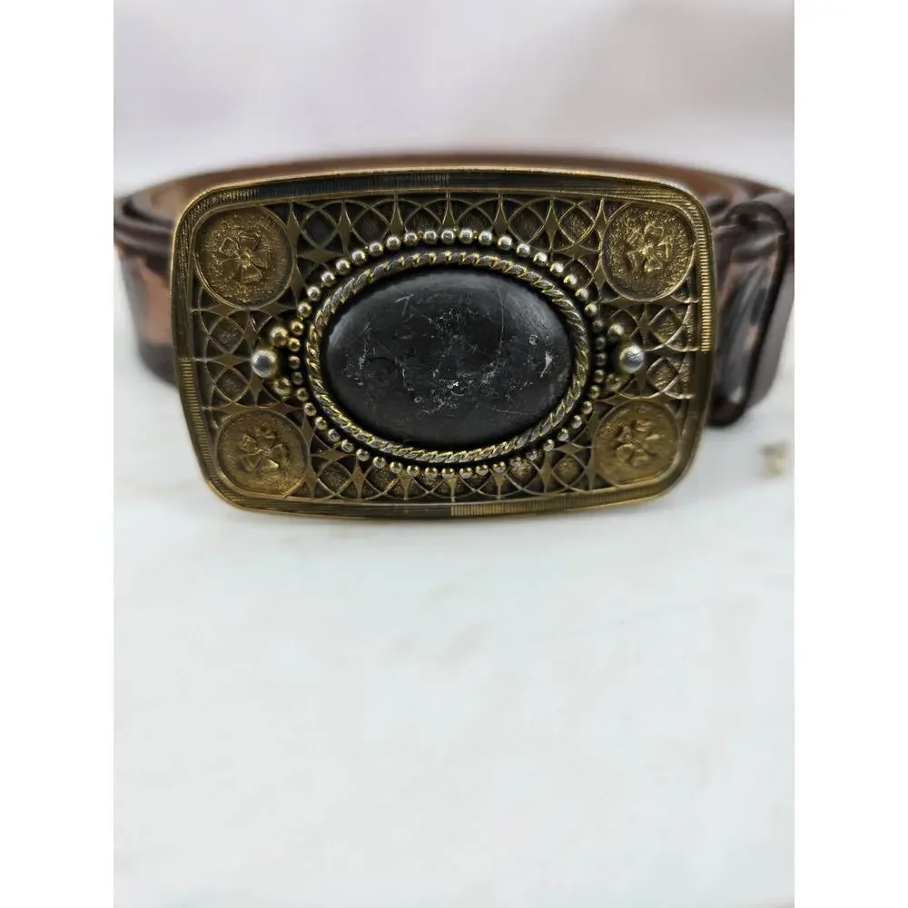 Vintage Wrangler Leather Hand Tooled American Eagle Belt‎ Western Stone Buckle